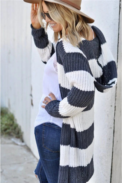 Contrast Stripes Open Front Long Sleeve Cardigan - Fashorio