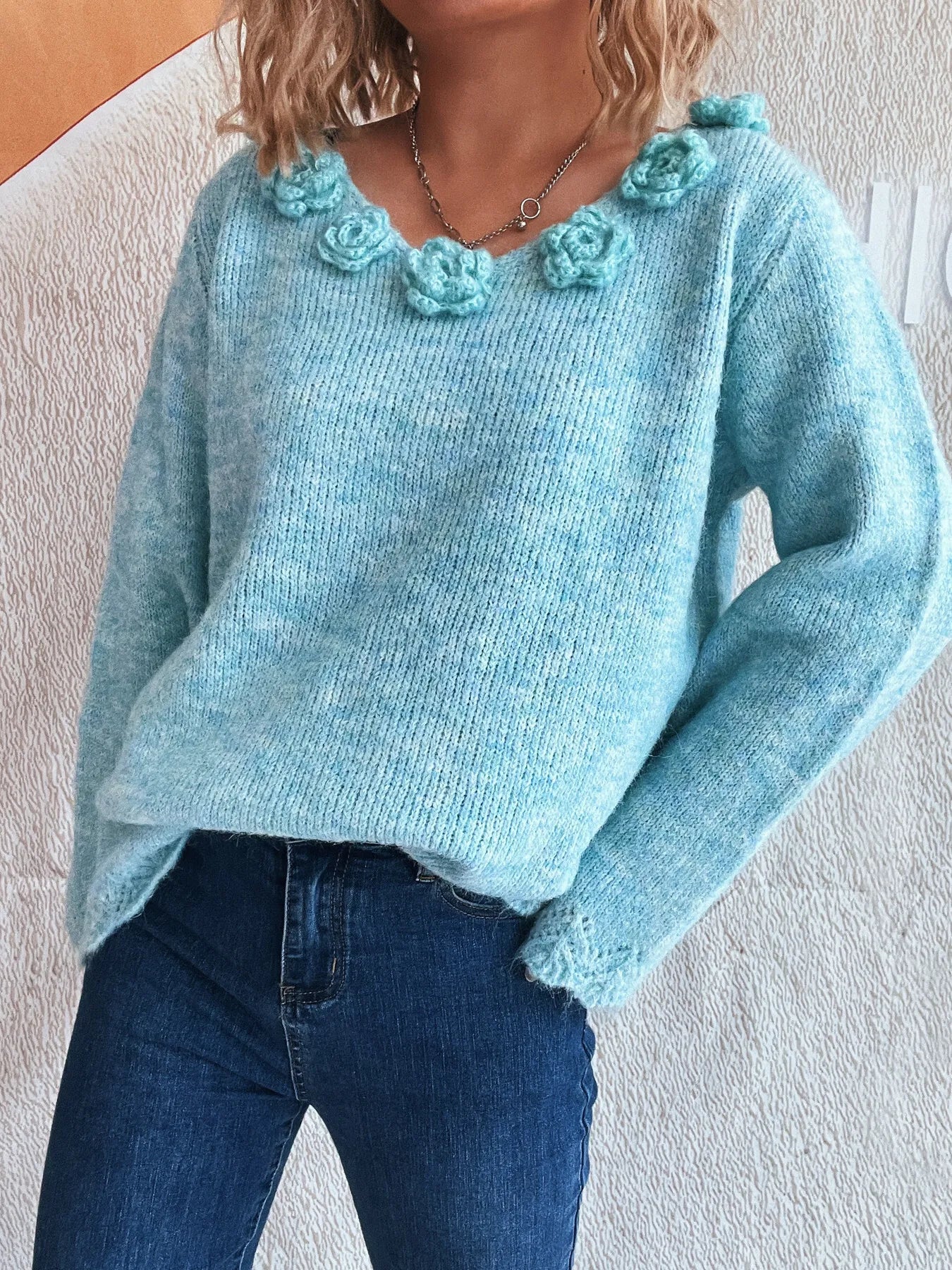 Flower V-Neck Long Sleeve Sweater - Fashorio