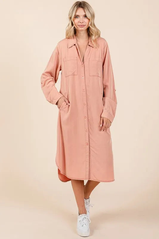 Button Down Long Sleeve Shirt Dress back view