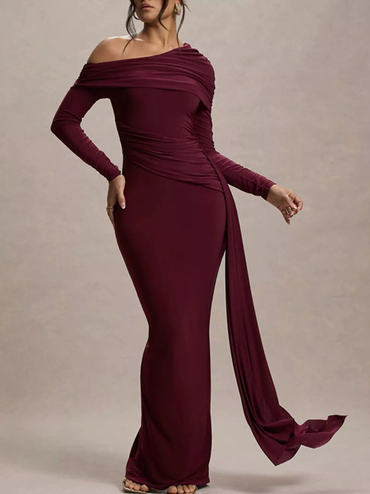 One shoulder ruched maxi dress front view