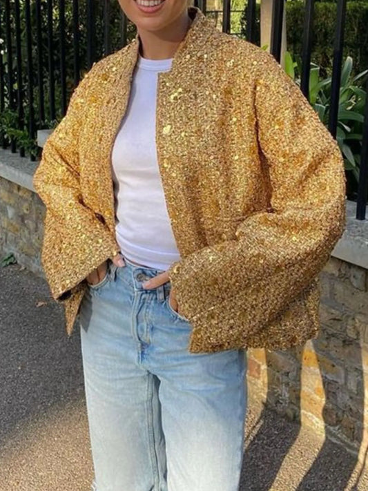 Sequin Long Sleeve Jacket with Pockets Gold - Fashorio