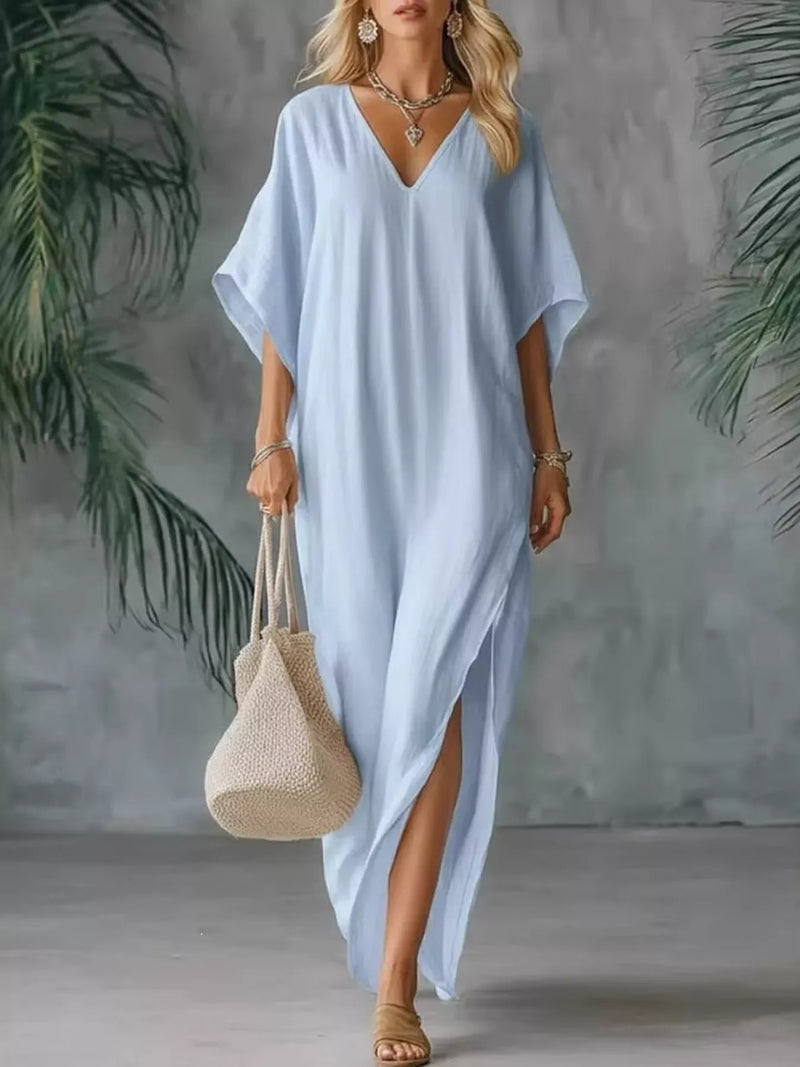 V neck side slit plus size maxi dress front view