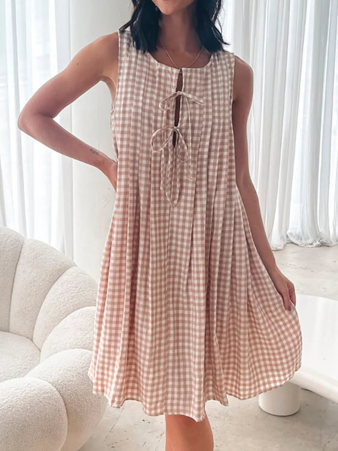 Plaid Tie Front Sleeveless Dress in Black back view
