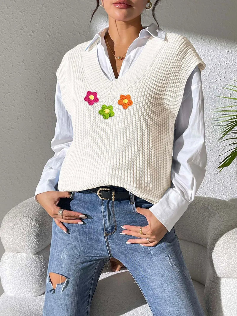 Floral V Neck Sweater Vest in Ivory