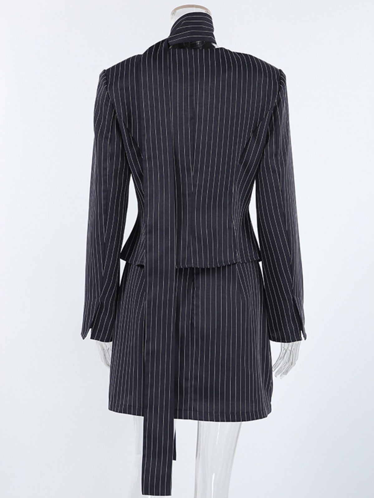 Striped blazer set neck tie close up