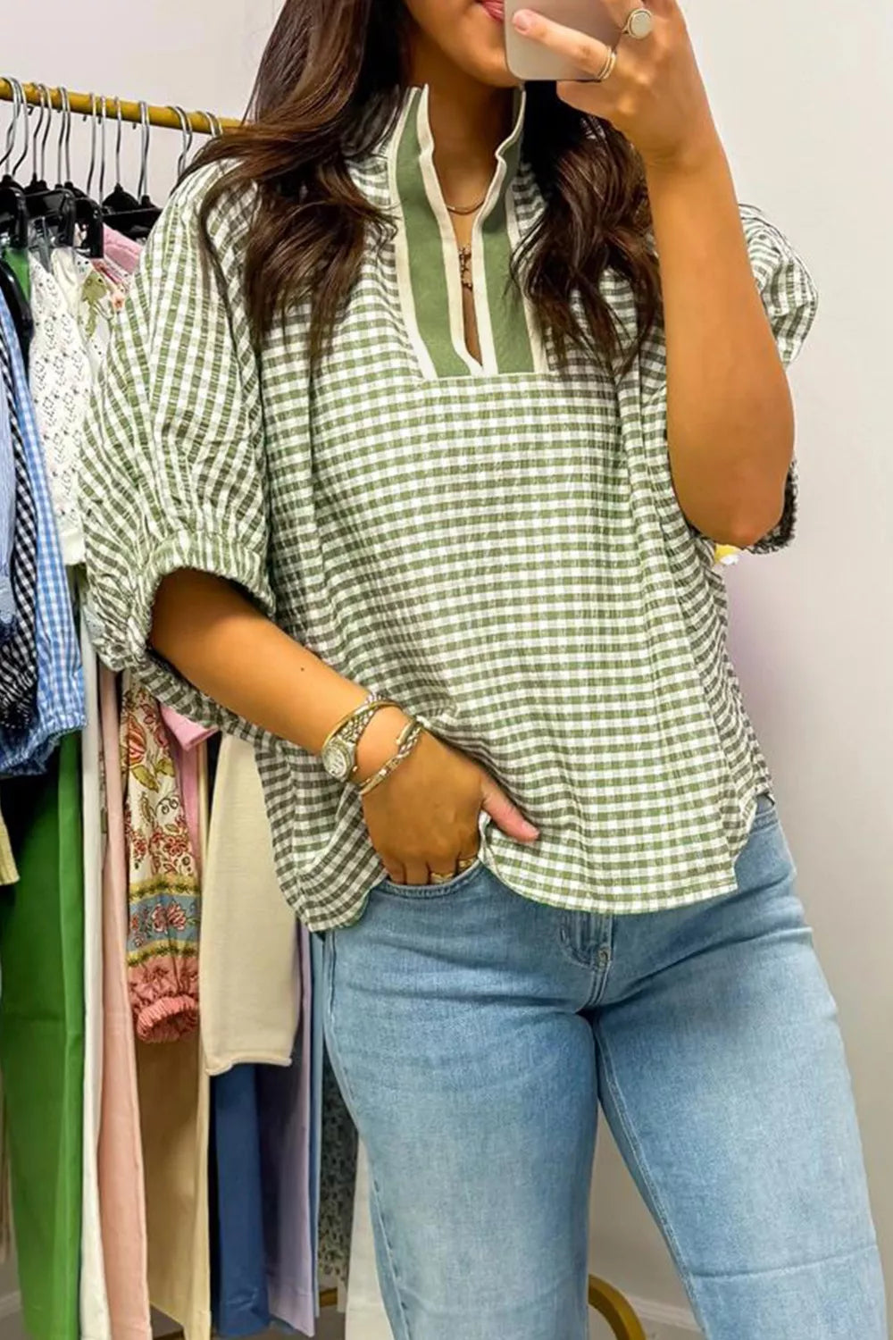 gingham half sleeve blouse side view