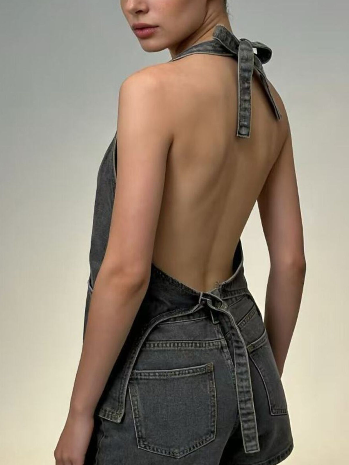 Halter Neck Button Down Denim Vest in Dark Blue view 19