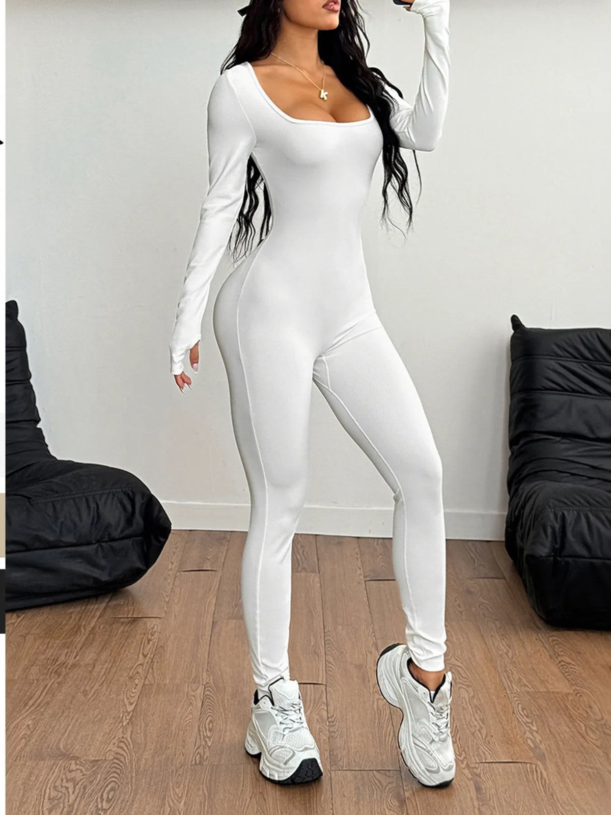 Square neck long sleeve active jumpsuit fabric detail