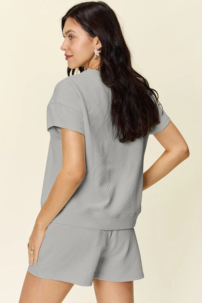 Double Take Full Size Texture Short Sleeve T-Shirt and Drawstring Shorts Set - Fashorio