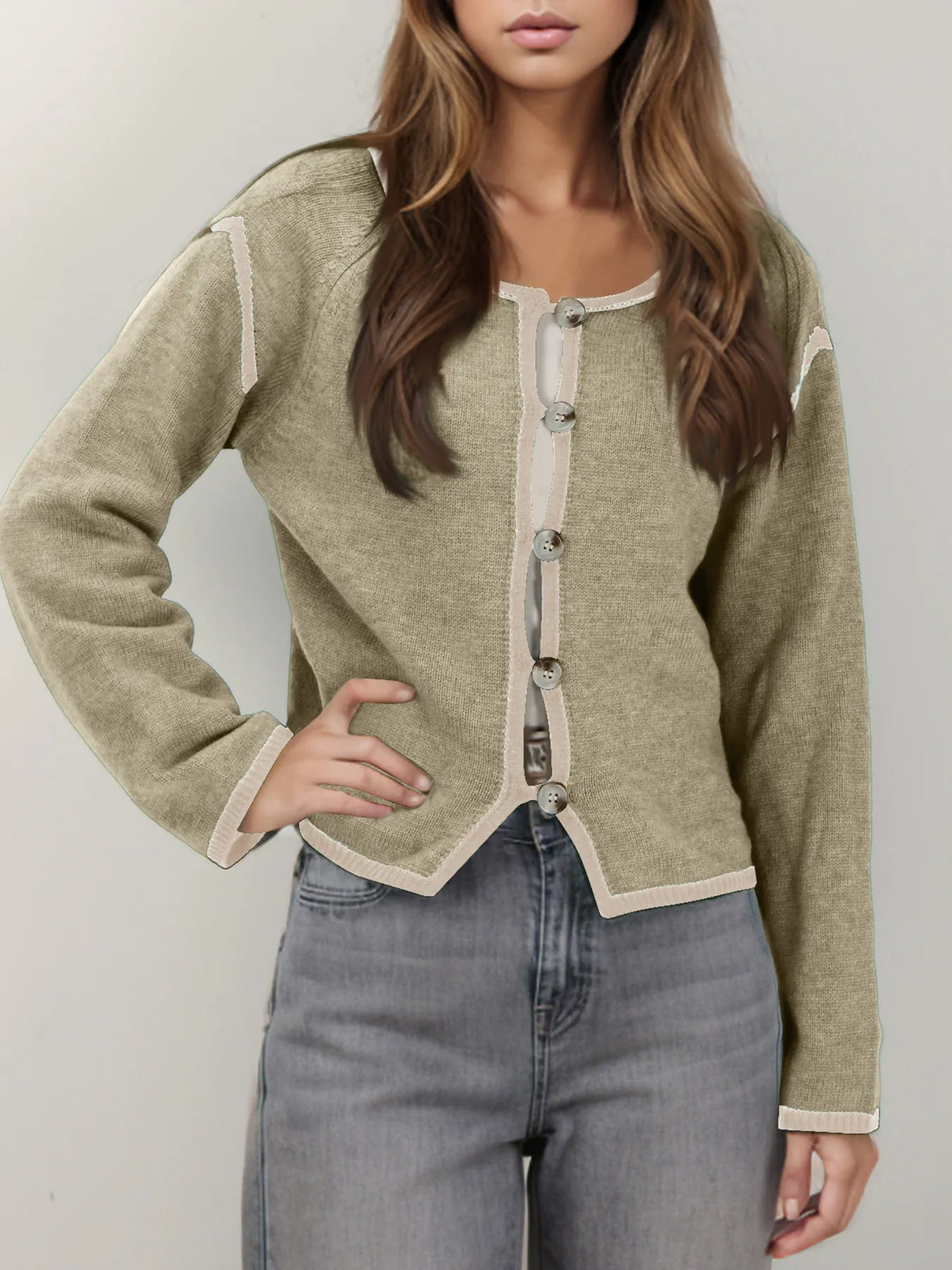 Button front contrast trim cardigan full length view