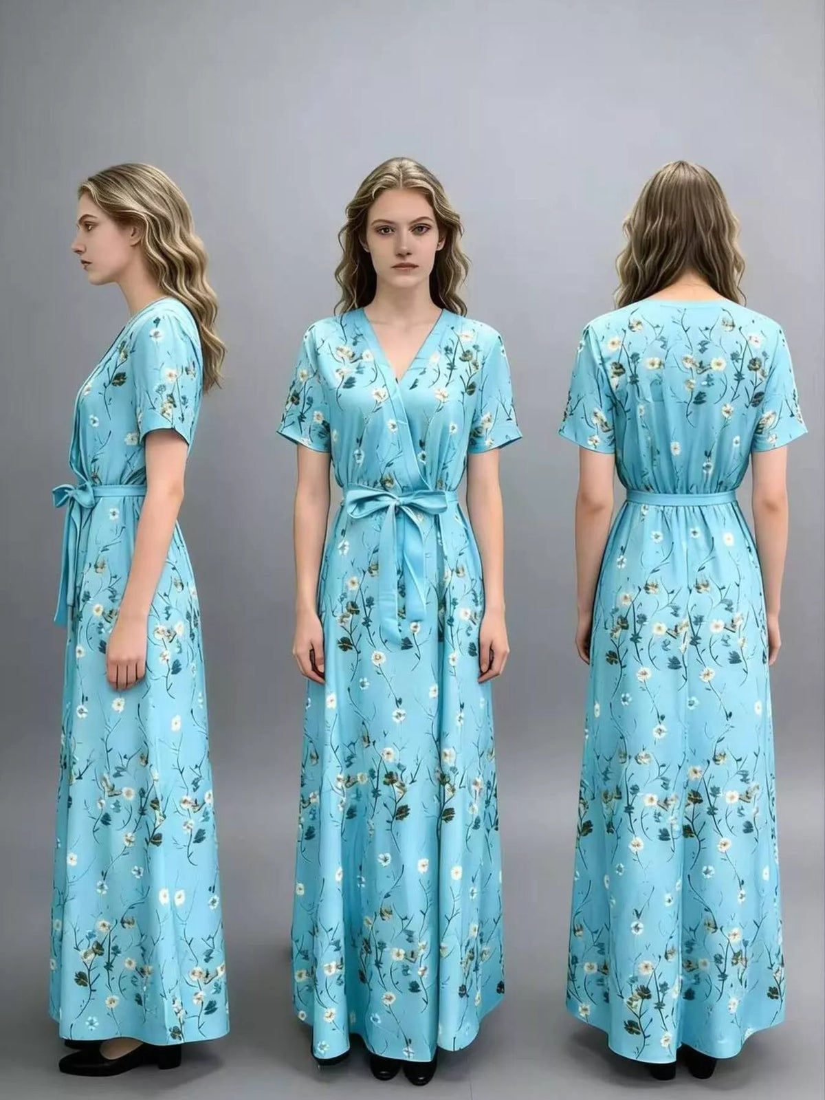 Floral Print Short Sleeve Wrap Maxi Dress detail view