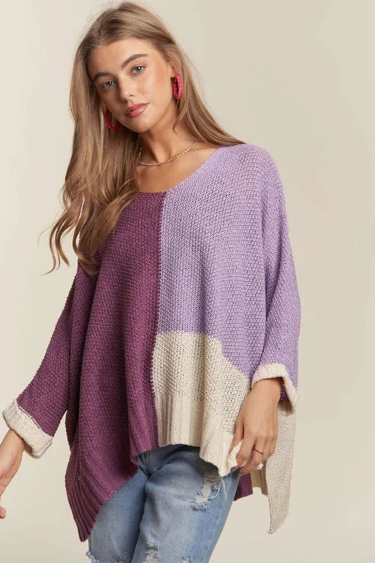 Side Slit Color Block Long Sleeve Sweater in Deep Purple back view