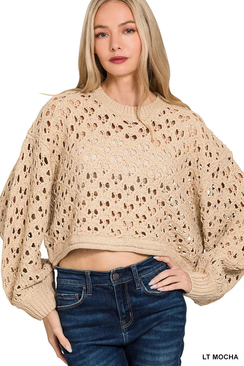 Oversized Cropped Crochet Knit Sweater in Mocha