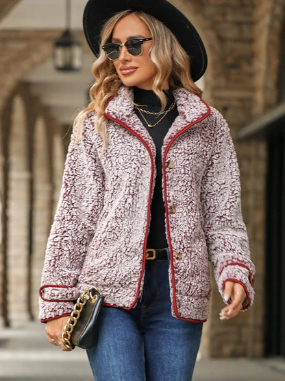 Fuzzy Pocketed Button Up Jacket - Fashorio