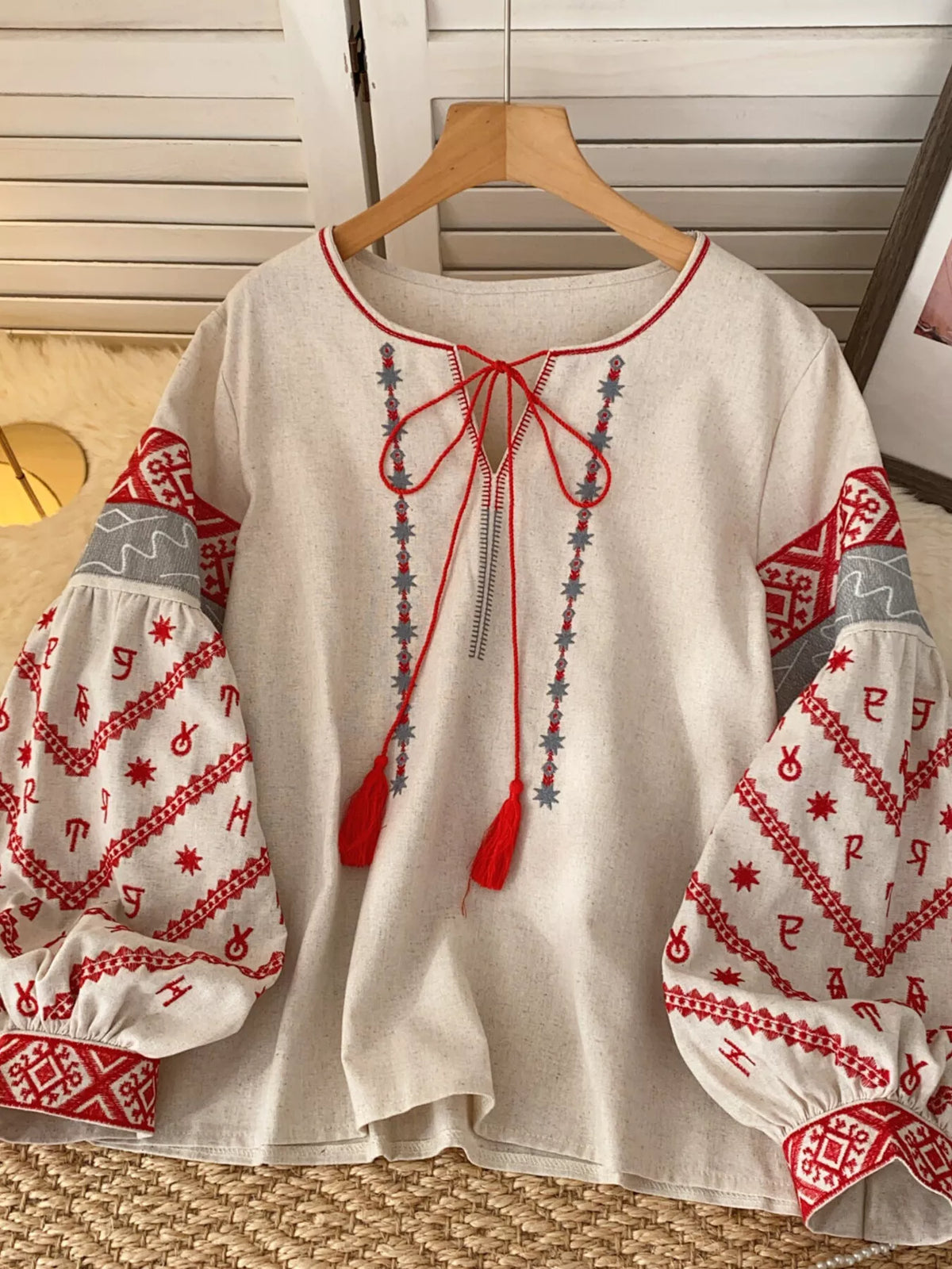 Embroidered tie neck blouse back view