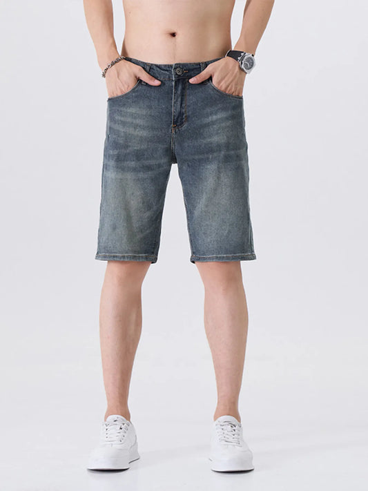 Men's Washed Denim Shorts with Pockets Blue Gray - Fashorio