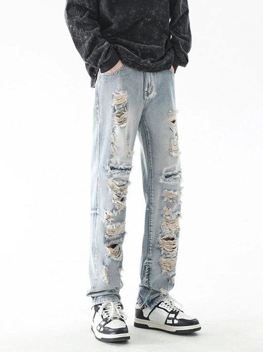 Men's Washed Distressed Straight Jeans Vintage Blue - Fashorio