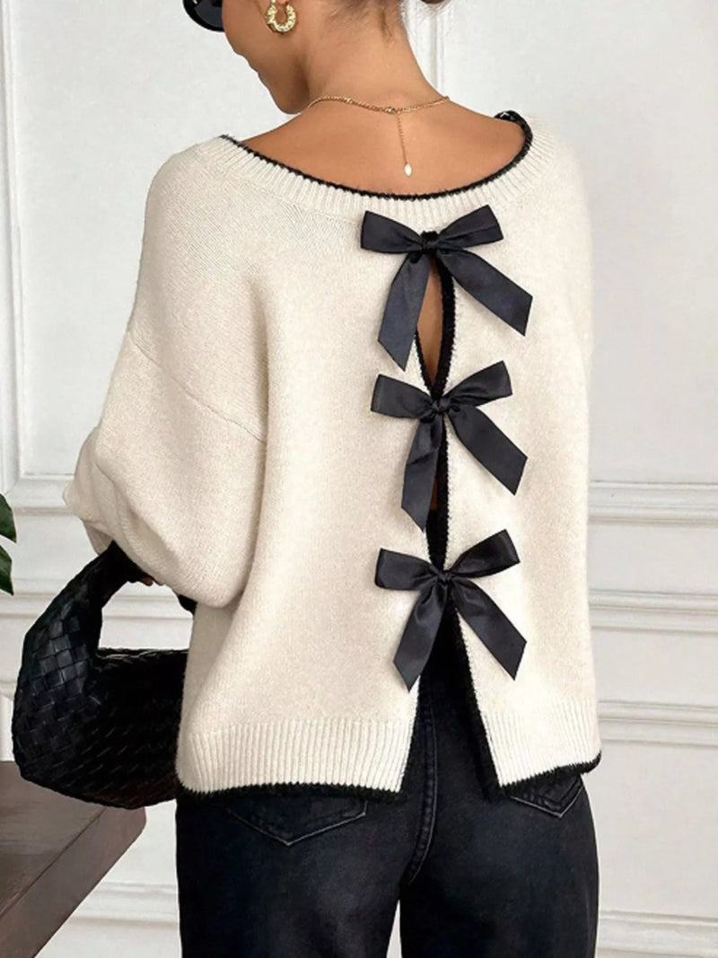 Back bowknot round neck sweater front view