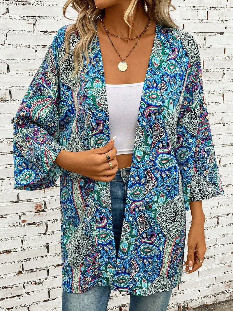 Printed open front kimono cover up front view