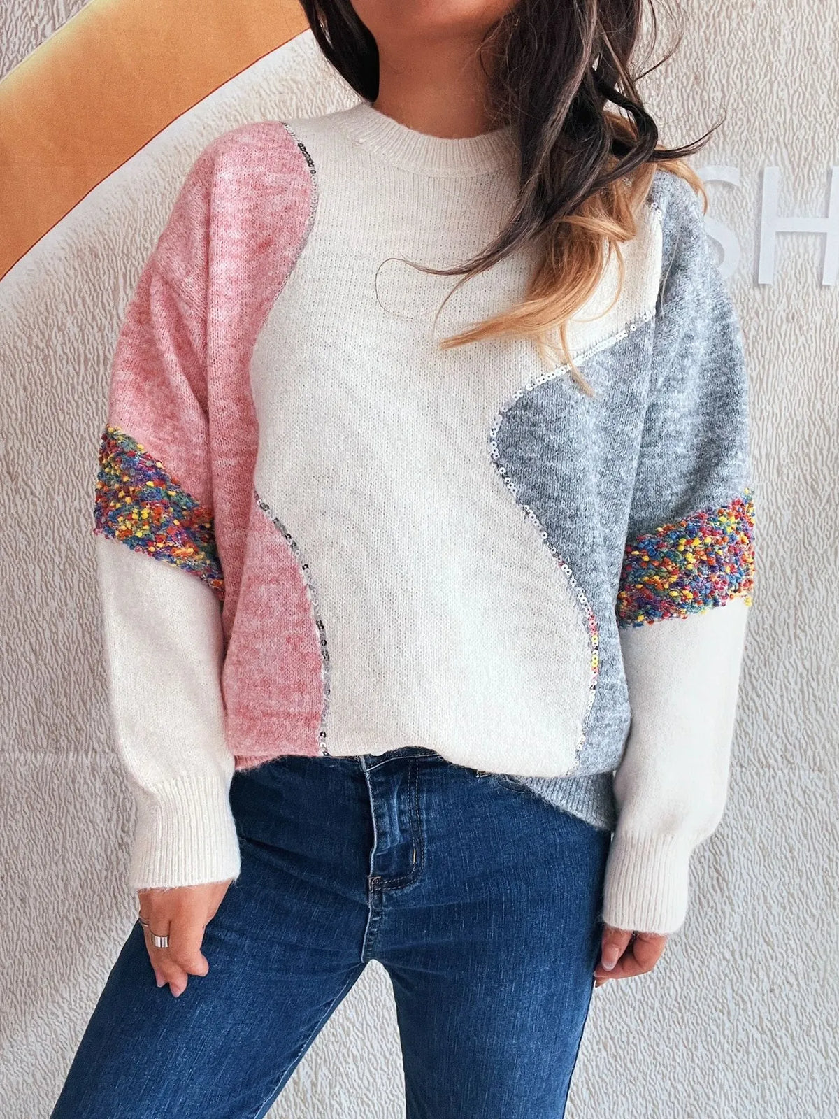 Color block dropped shoulder sweater back view