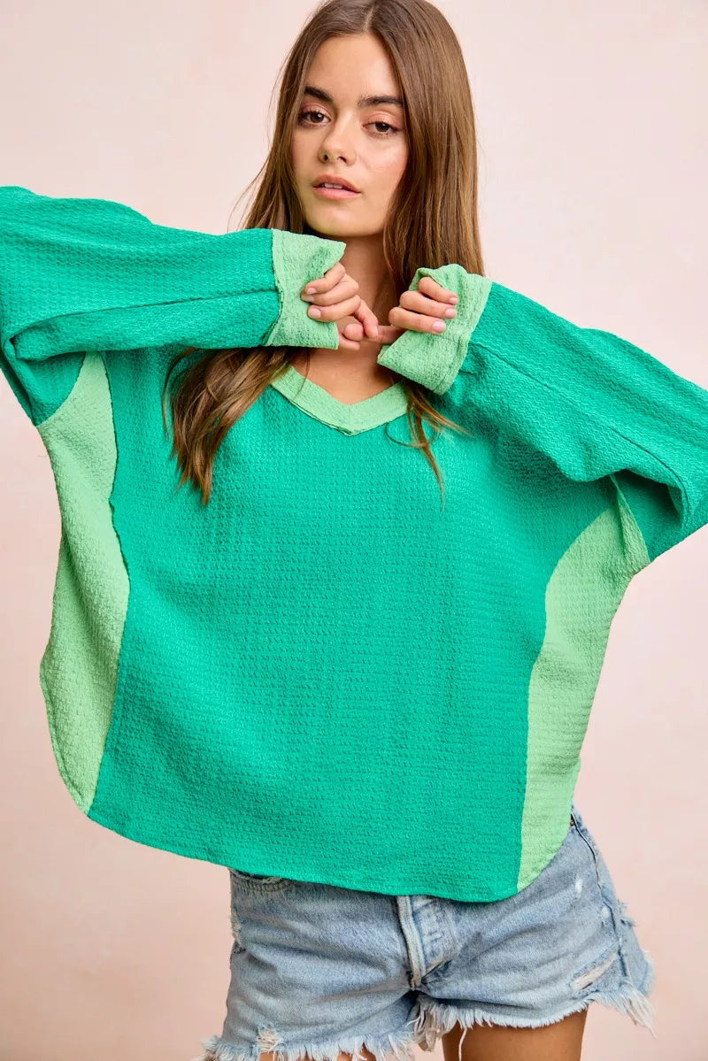 BiBi emerald and light green color block textured top back view