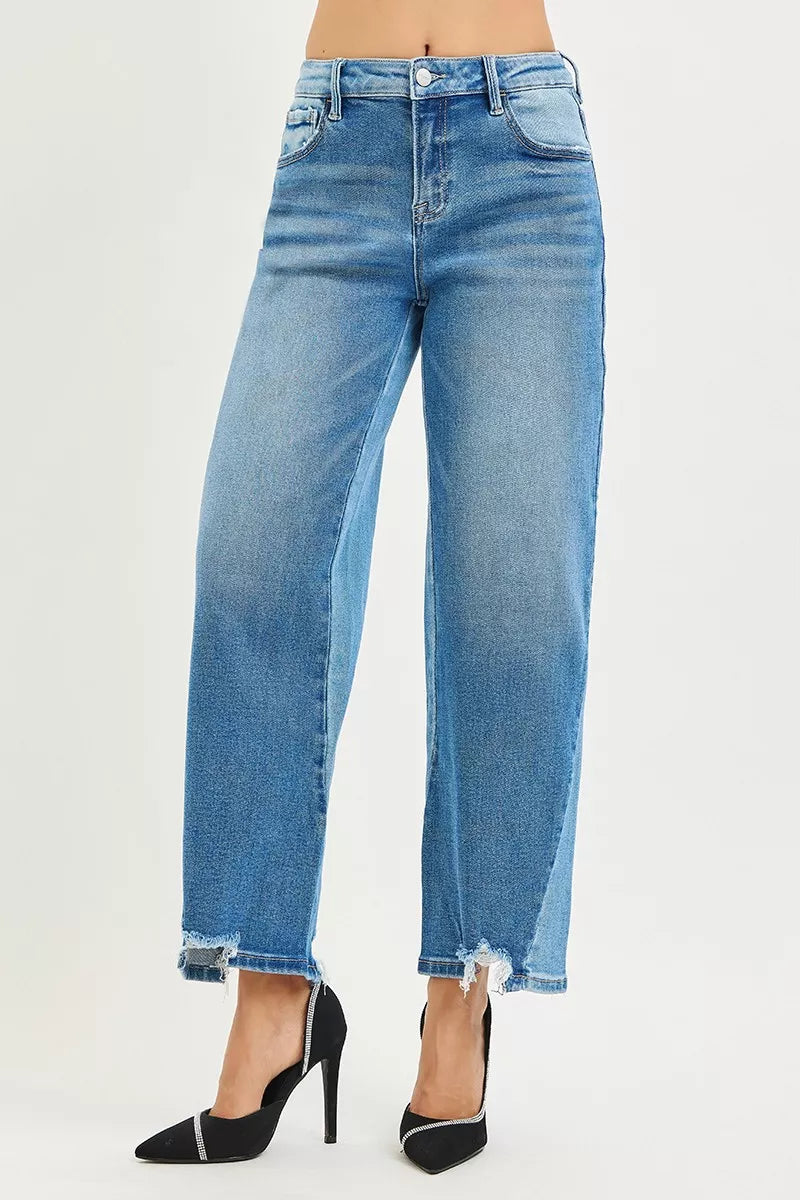 RISEN contrast wash barrel jeans side view