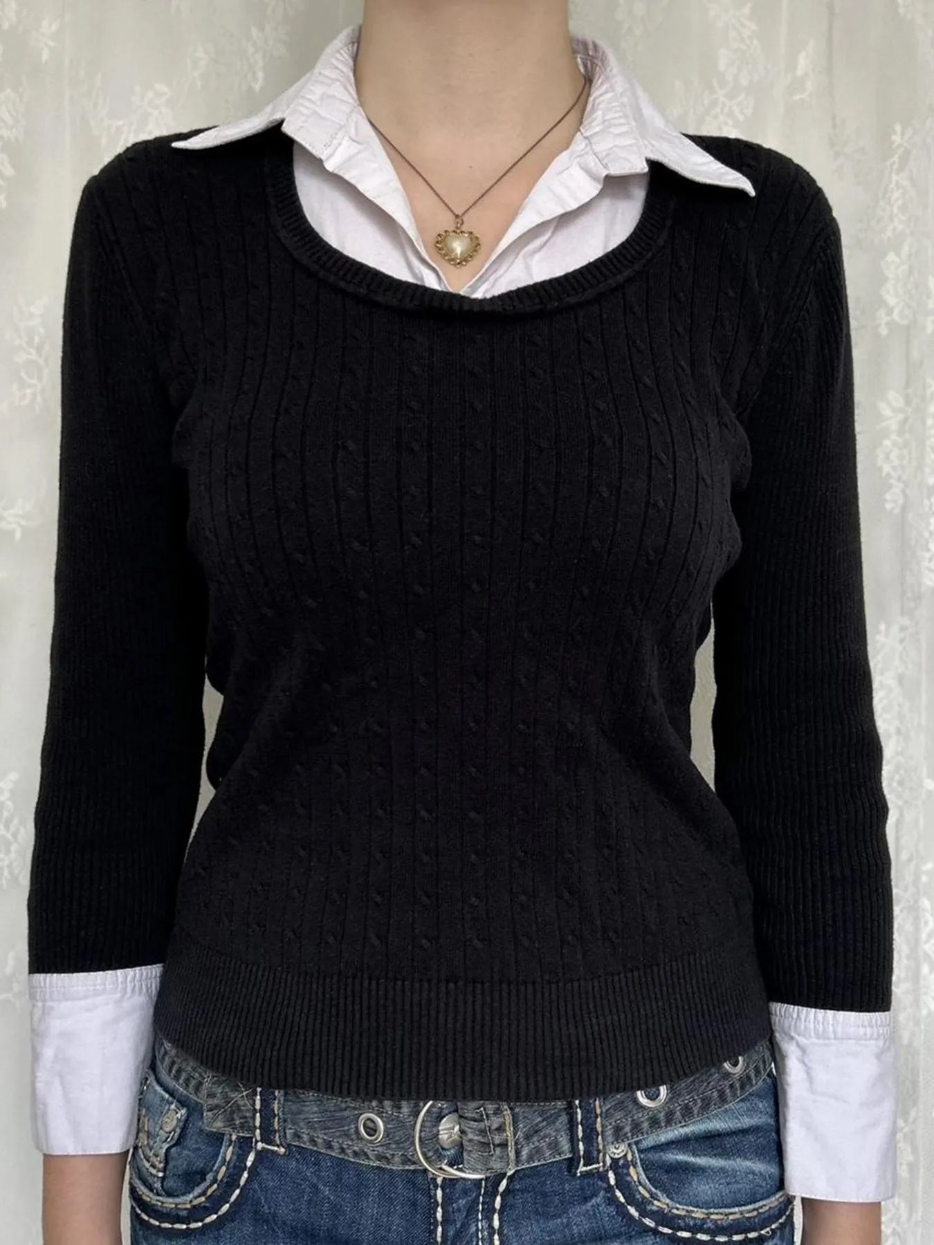 Collared Neck Cable Knit Sweater with Layering Style Black - Fashorio