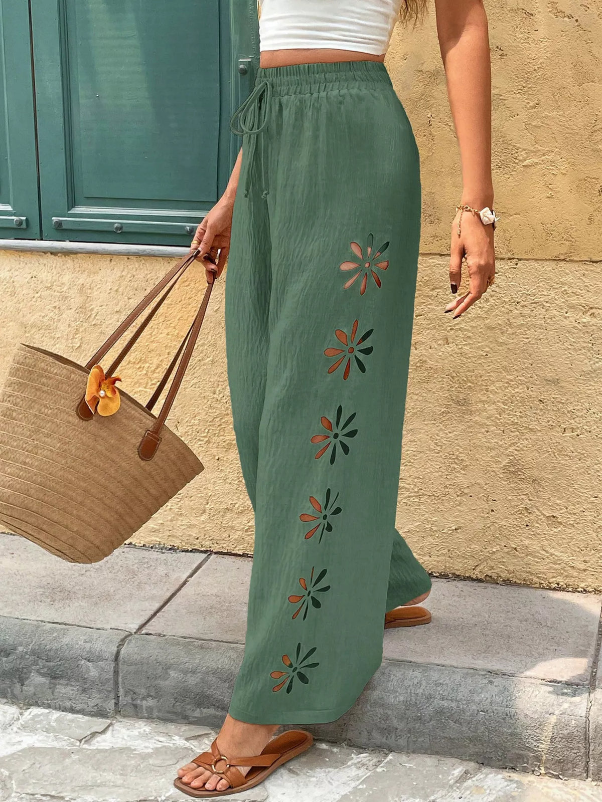 Apricot casual wide leg drawstring pants front view