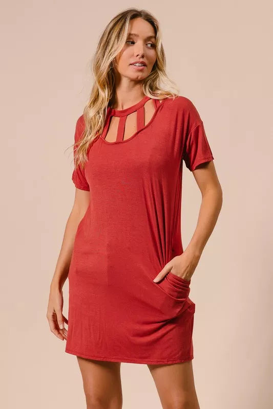 Front Cut Out Tee Mini Dress in Ginger detail