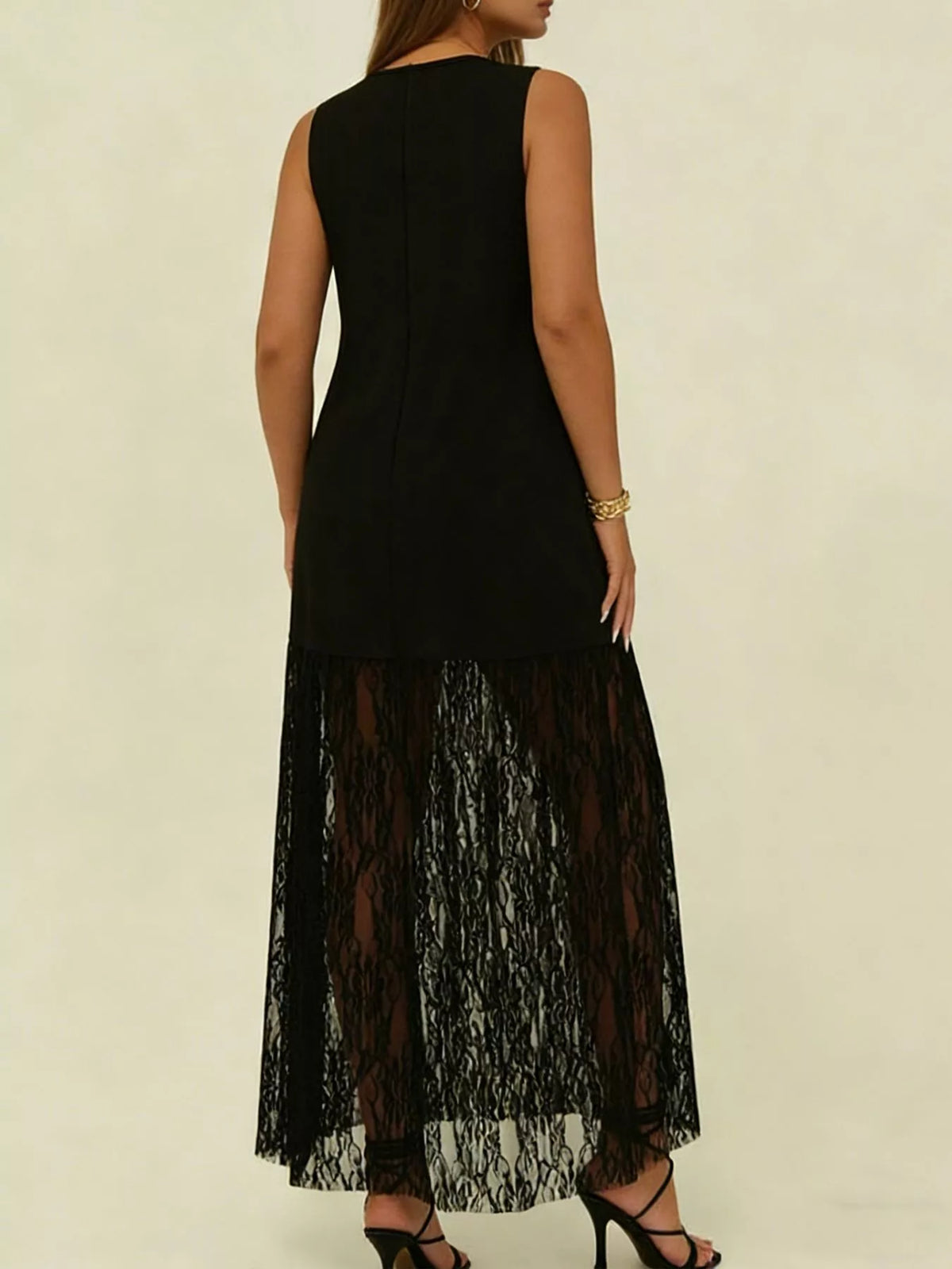 Black plus size sleeveless lace trim maxi dress close up detail