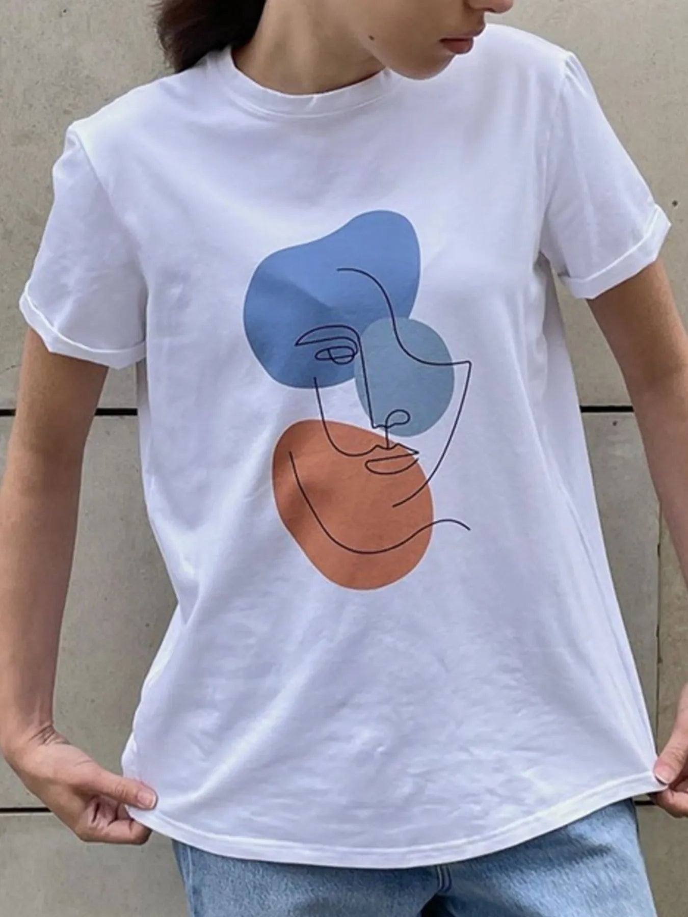 Abstract Face Graphic Casual Round Neck T-Shirt Light Blue - Fashorio