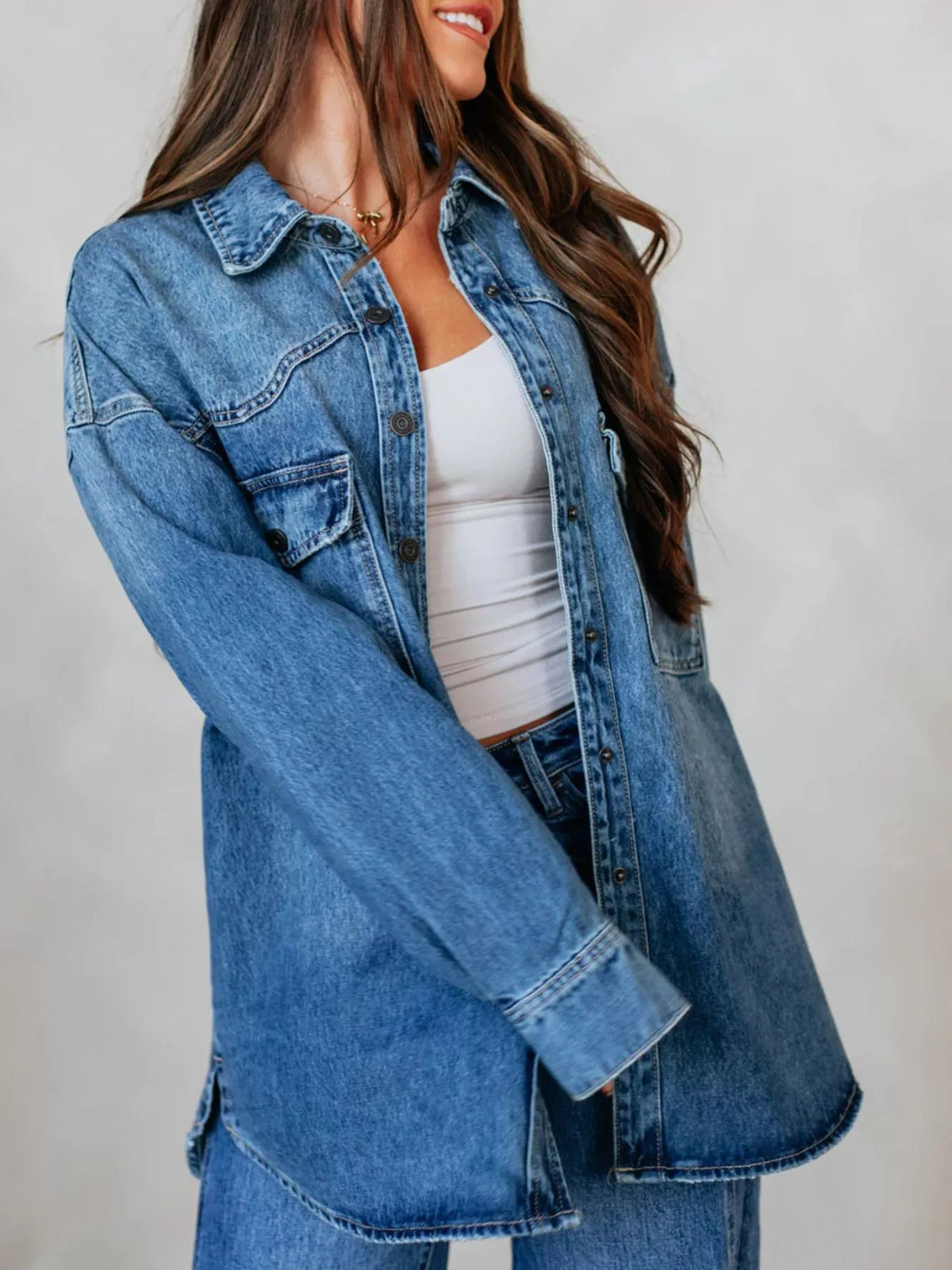 Snap Down Drop Shoulder Denim Jacket in Dark Blue styled look