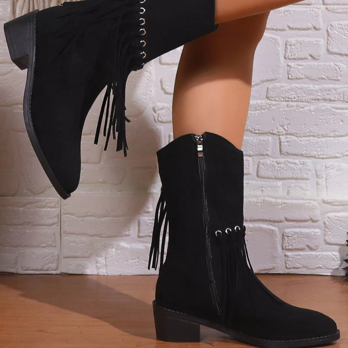 Fringe Western Block Heel Boots close up of the upper