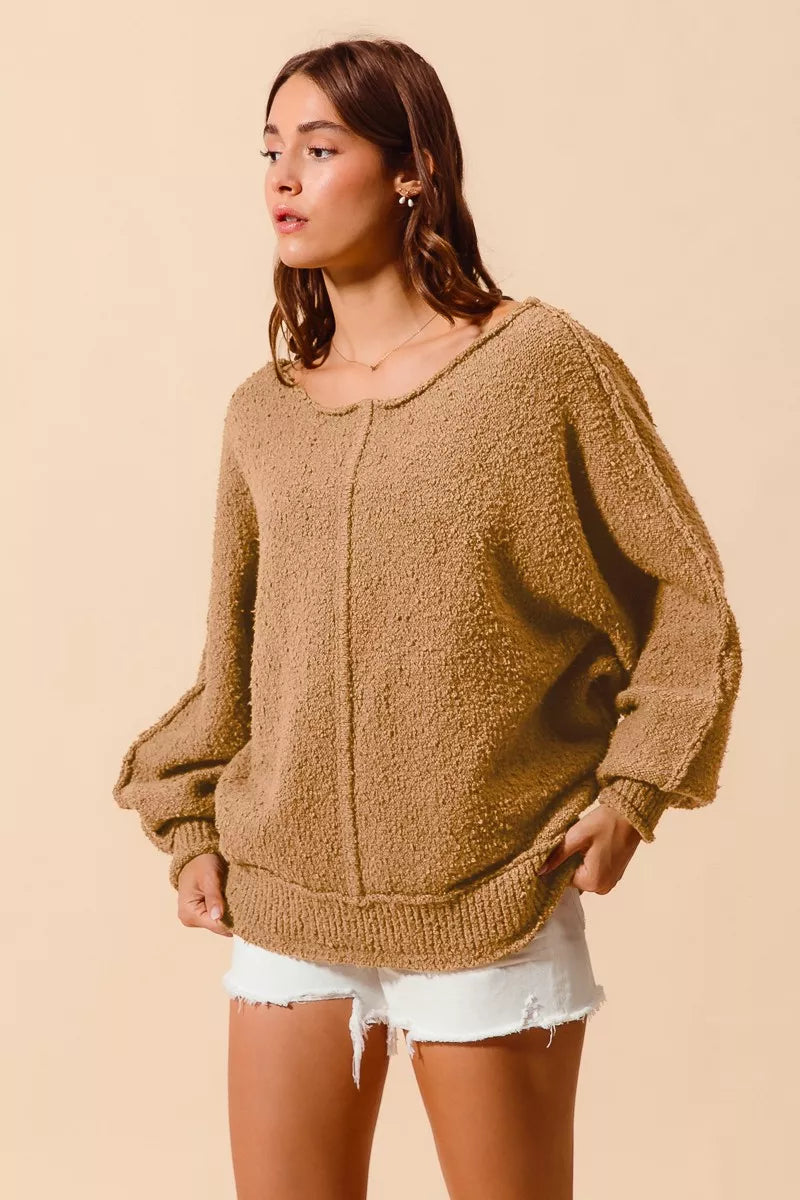 Slouchy Boucle Exposed Seam Sweater in Taupe view 10