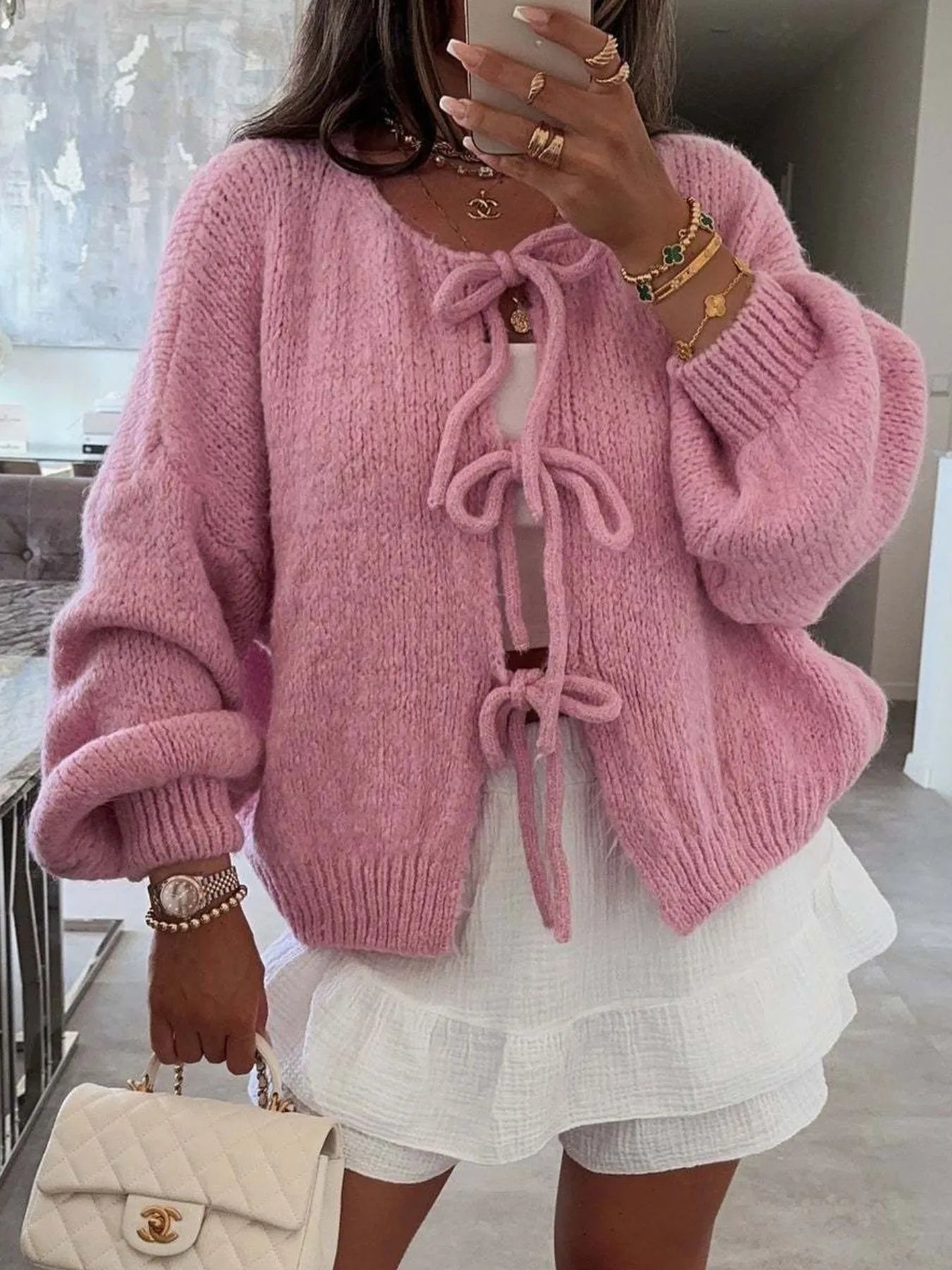 Cozy Bow-Tie Front Knit Cardigan - Fashorio