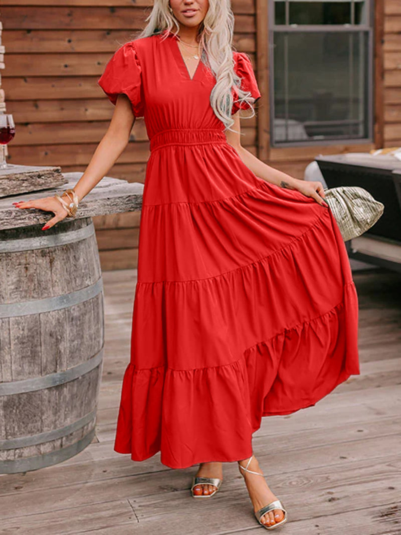 Deep red puff sleeve tiered maxi dress front view