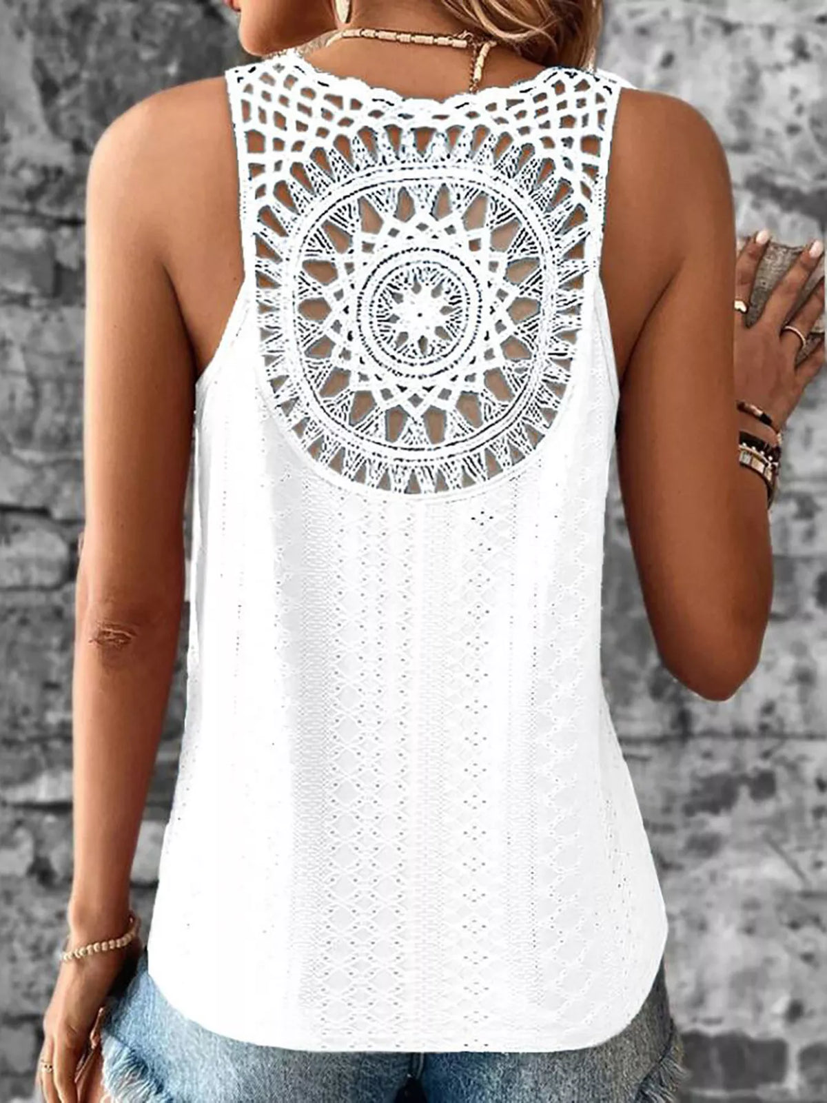 Full length styling shot of the eyelet tank top