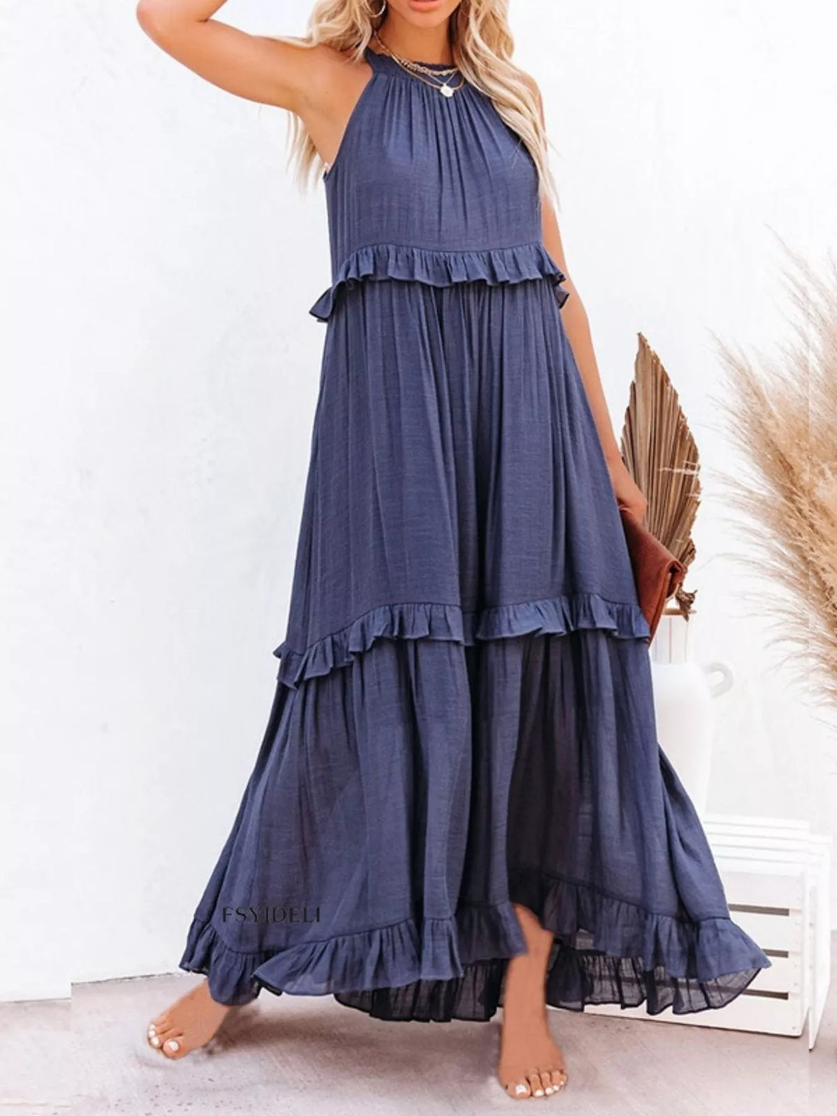 Ruffled tiered sleeveless maxi dress full length view
