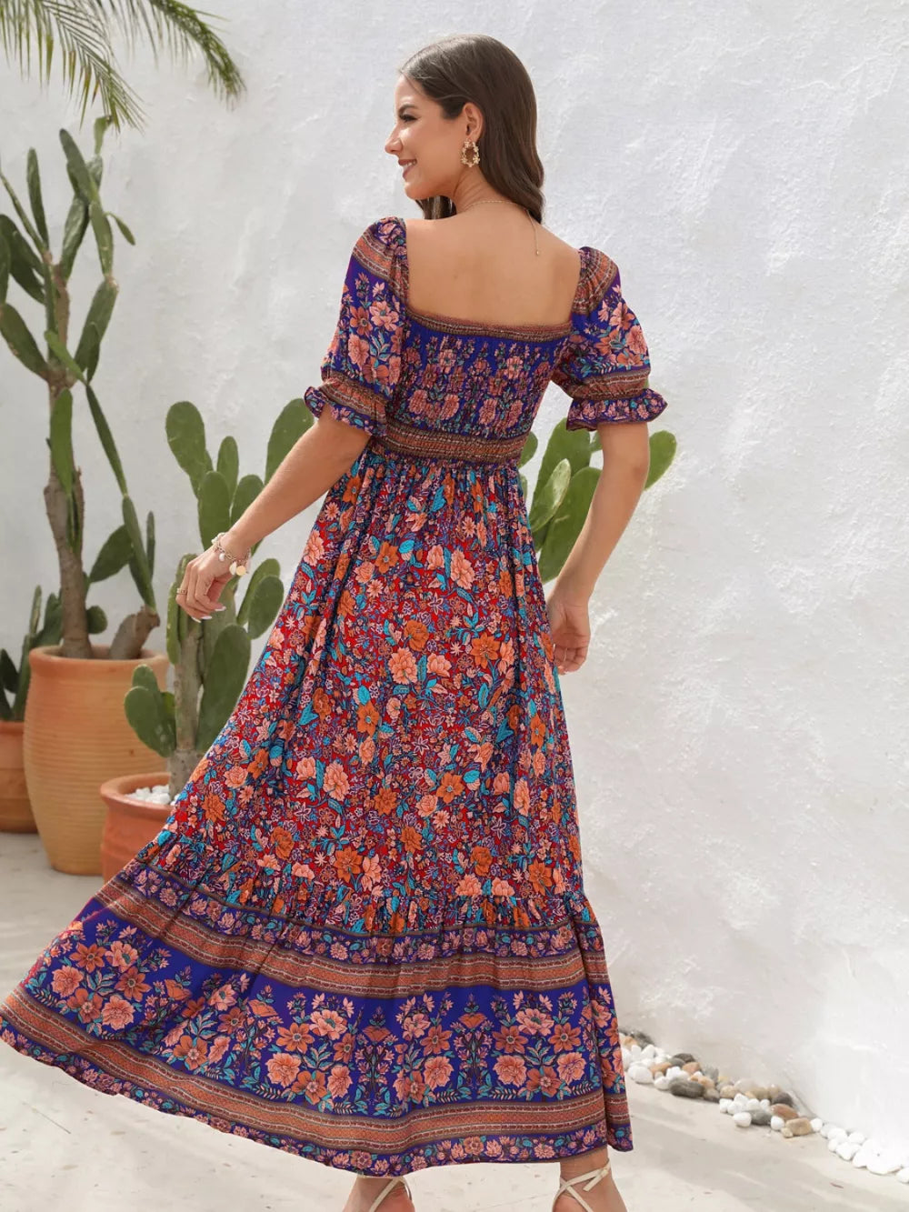 Flounce sleeve floral midi dress side