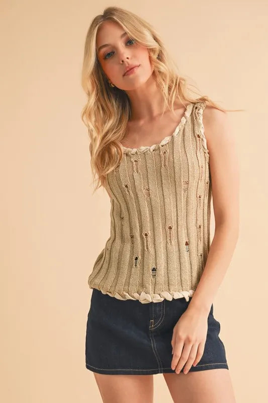 Sleeveless knit tank side view on model