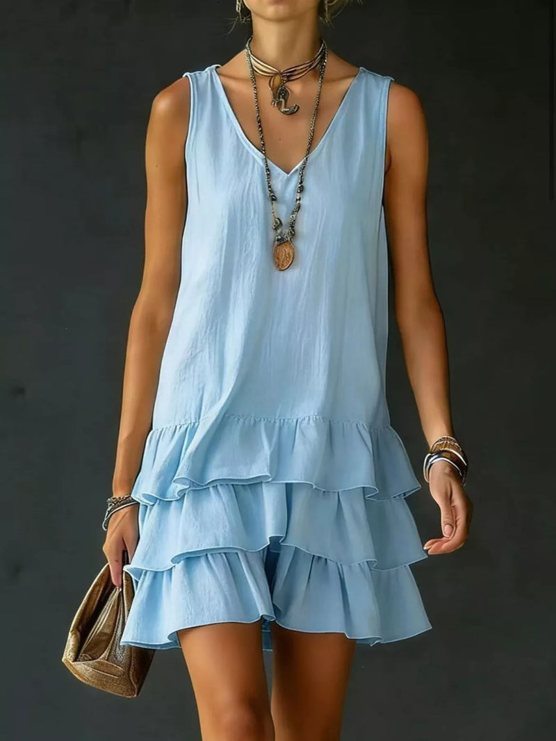 Ruffled hem sleeveless tiered dress in blue