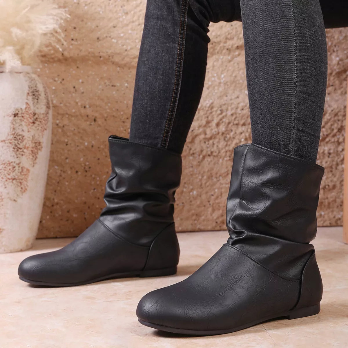Flat Ankle Boots with Wrinkled Design back view