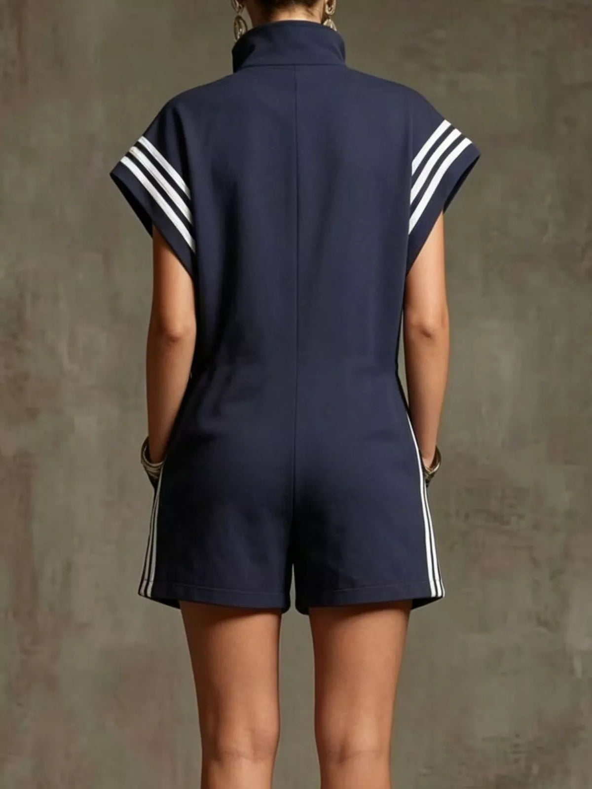 Striped zip front short sleeve romper back view