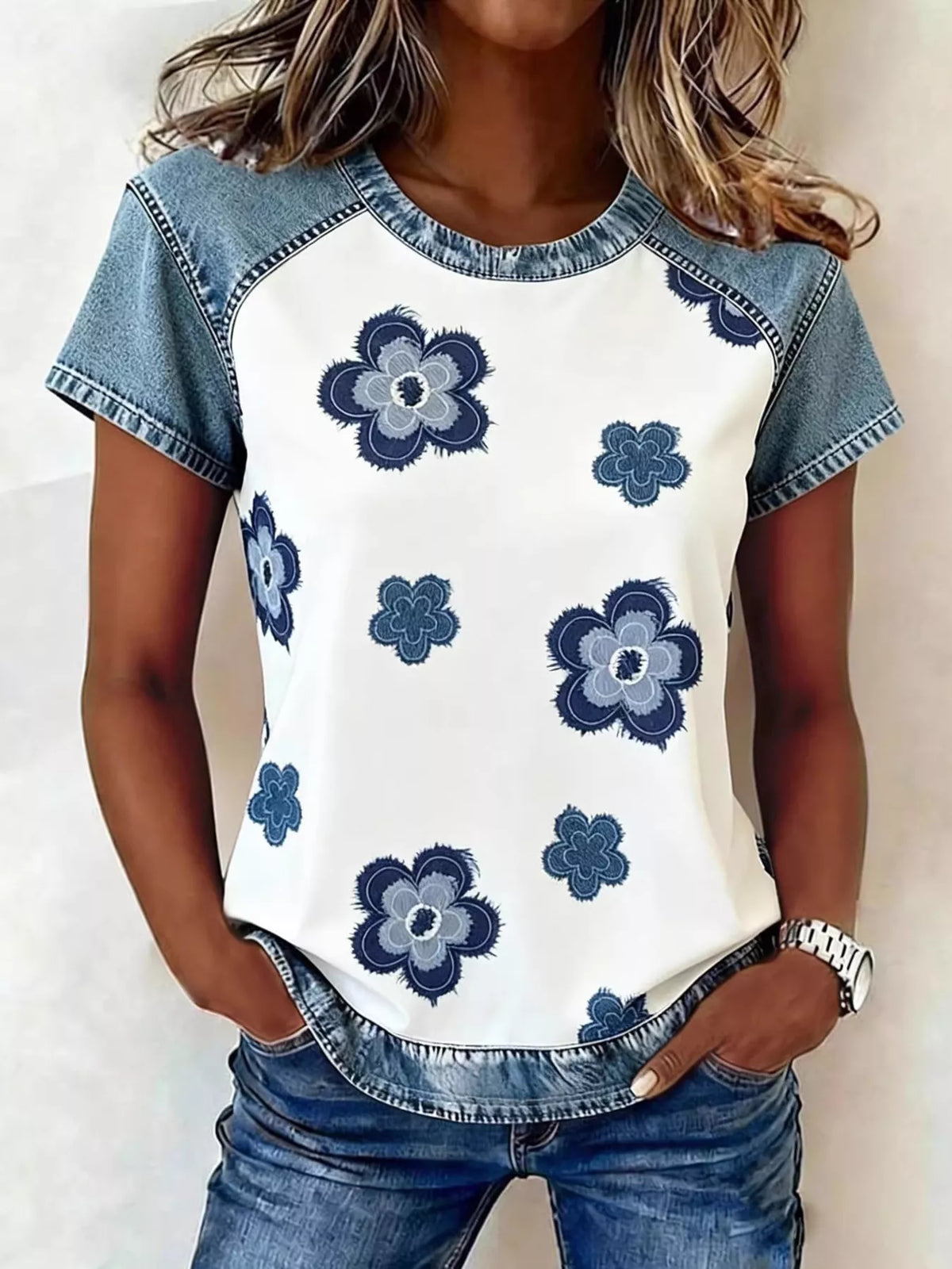 Close up of the patchwork panelling on the blouse front
