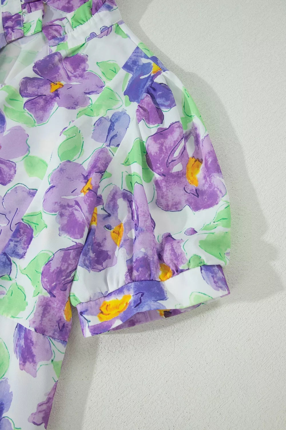 Lilac floral V collar tiered ruffle mini dress detail view