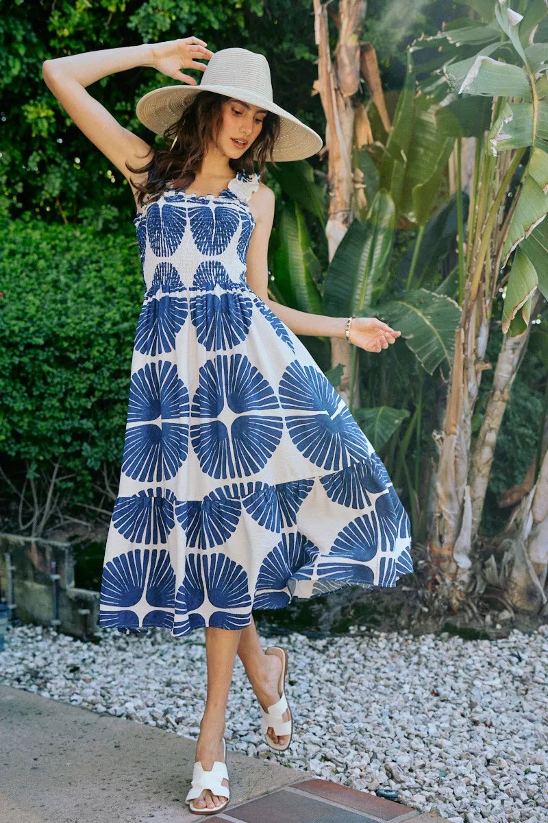 Navy abstract print smocked bodice tiered midi dress front view