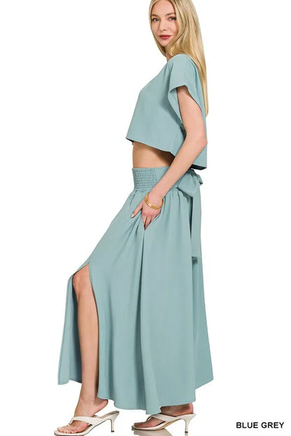 Zenana Heavy Woven Span Crop Tee & Skirt Set - Fashorio