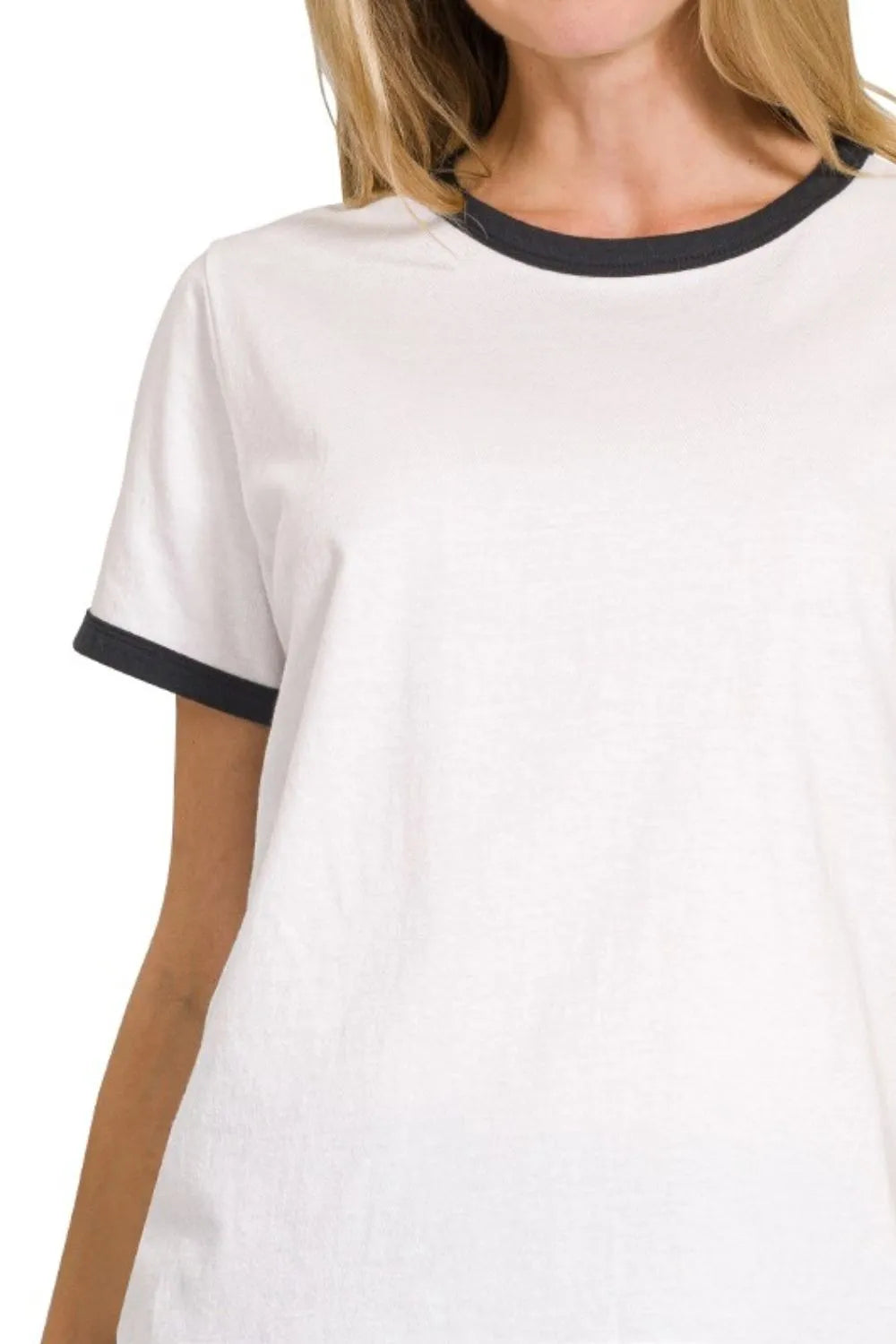 Zenana Contrast Binding Short Sleeve Tee Shirts - Fashorio