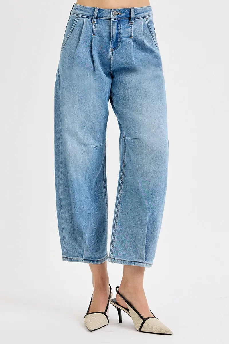 RISEN mid rise wide leg jeans front view in medium wash