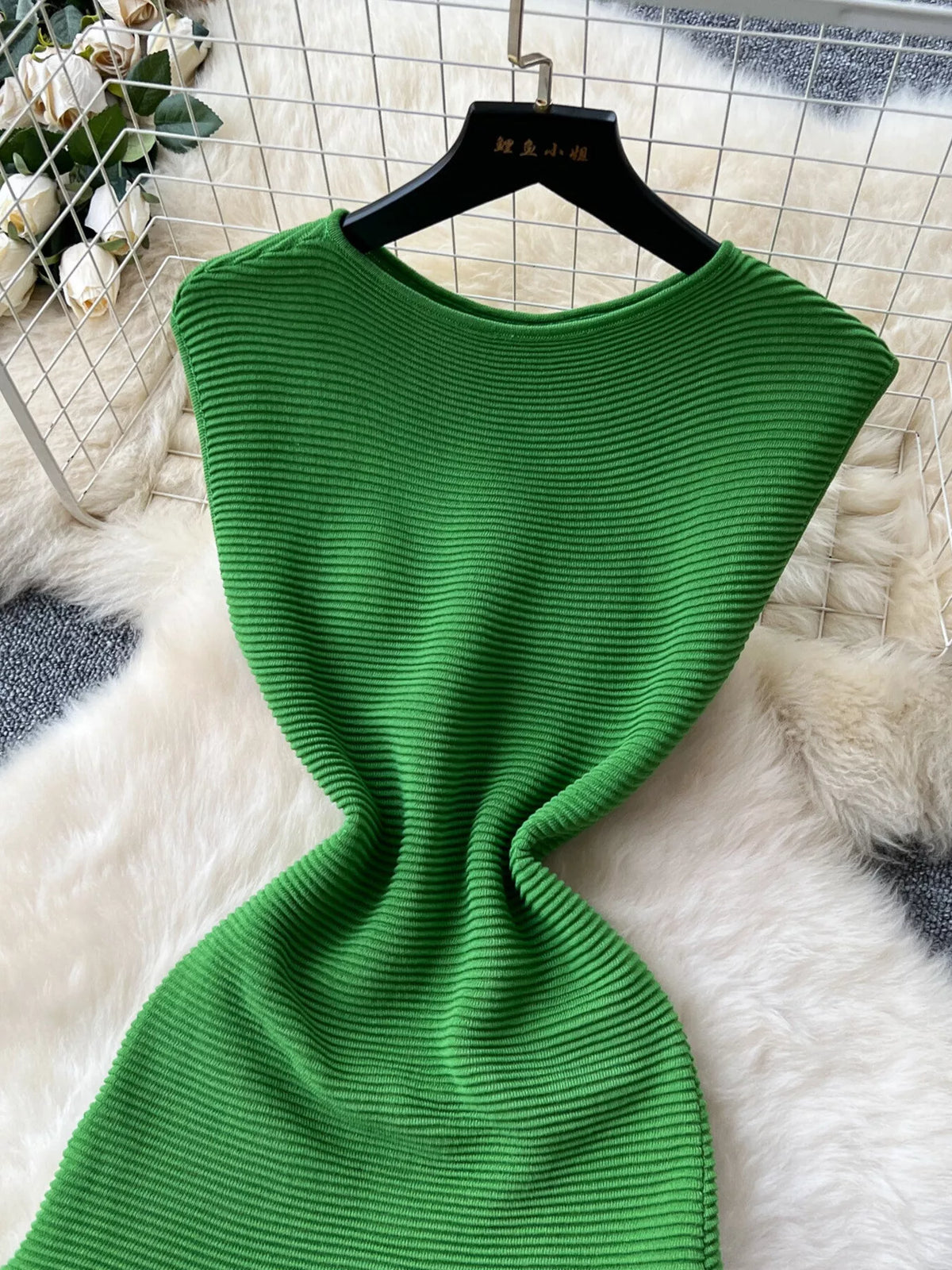 Green textured knit maxi dress styled view